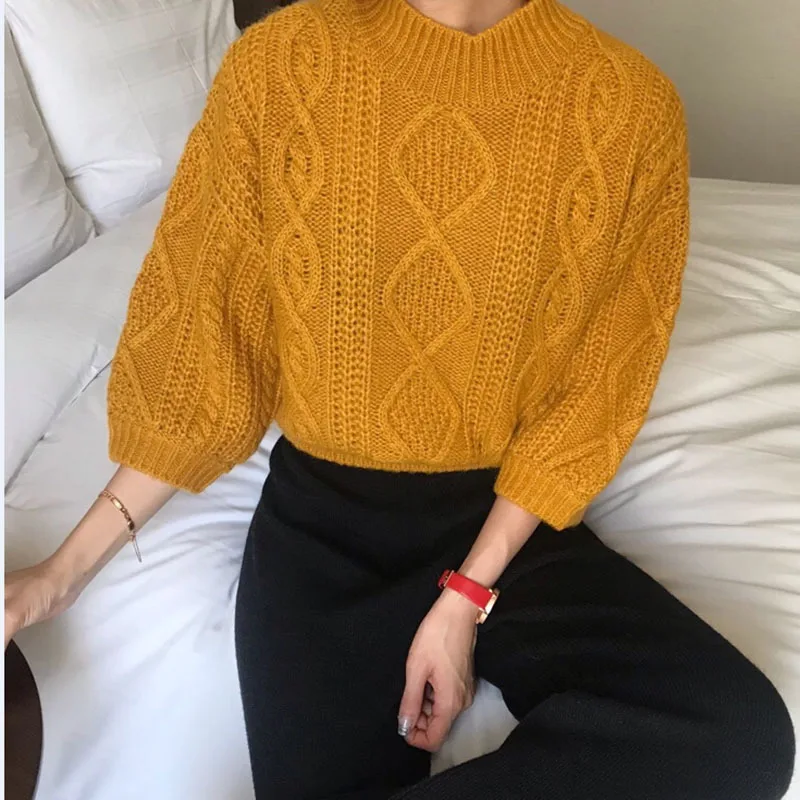 Fashion Lantern Sleeve Pullover Sweater Women Vintage Knitted Tops Korean Style Winter For Ladies Loose O-neck Sweaters | Женская одежда