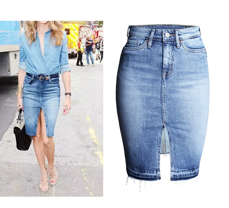 Tide section, raw hem, split skirt, washed white high waist denim skirt (4)