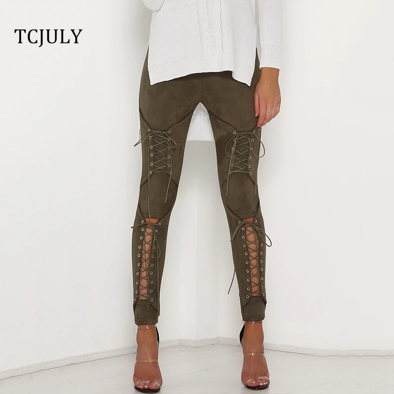 

TCJULY New Winter Sexy Suede Women Pants Tie Up Criss Cross Hollow Out Ladies Trousers Solid Slim Pantaloons Skinny Pencil Pants