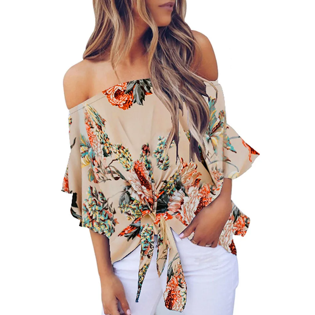 Womens Off Shoulder Half Sleeves Ruffles Tie Knot Floral Print Tops Casual Shirts Girl's Summer Femininas Blusas Camisa T-Shirts
Womens Off Shoulder Half Sleeves Ruffles Tie Knot Floral Print Tops Casual Shirts Girl's Summer Femininas Blusas Camisa T-Shirts