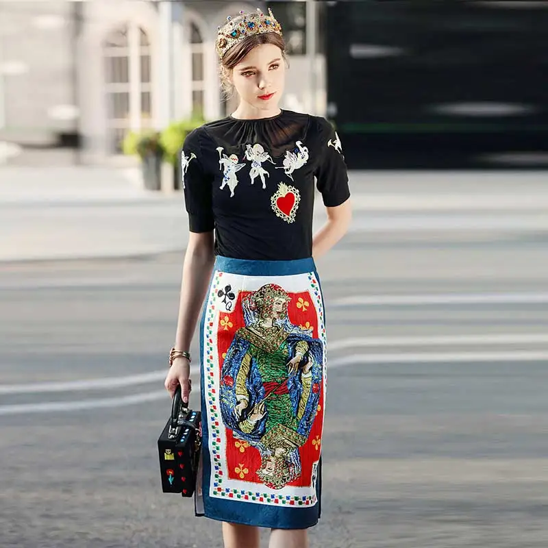 XF Fashion Designer High Quality Spring 2018 Vintage Angel Embroidery Black Top + Vintage Poker Print Half Skirt Set 2
XF Fashion Designer High Quality Spring 2018 Vintage Angel Embroidery Black Top + Vintage Poker Print Half Skirt Set 2