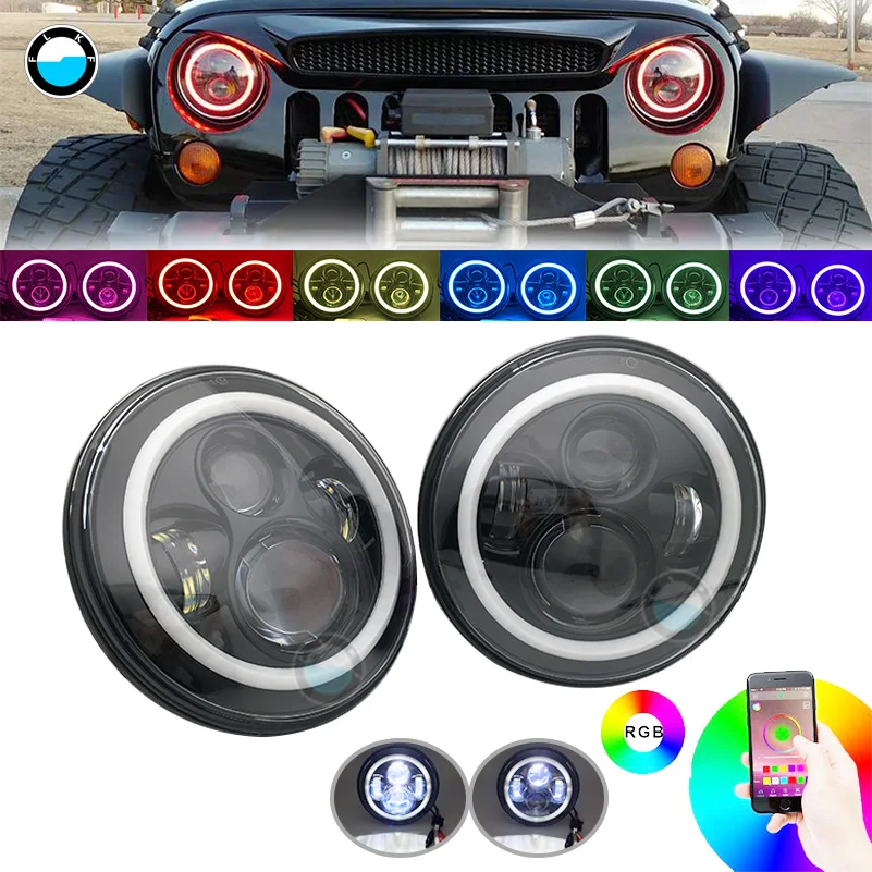 

7"Round Bluetooth RGB H4 Hi/low Beam Headlights Halo Ring DRL for Jeep Wrangler Lada Niva 7 inch LED RGB Headlight For Lada 4x4