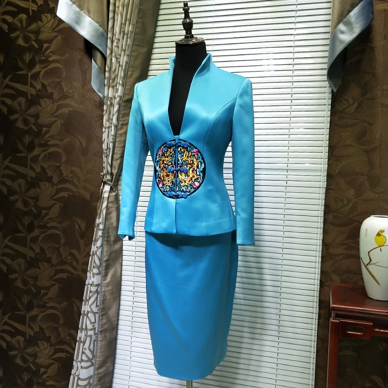New Designers Blue Blazers Suit Skirt Suit Women Top Grade Office Lady Luxury V-neck Blazer & Suits Chinese Style Work Clothes
New Designers Blue Blazers Suit Skirt Suit Women Top Grade Office Lady Luxury V-neck Blazer & Suits Chinese Style Work Clothes