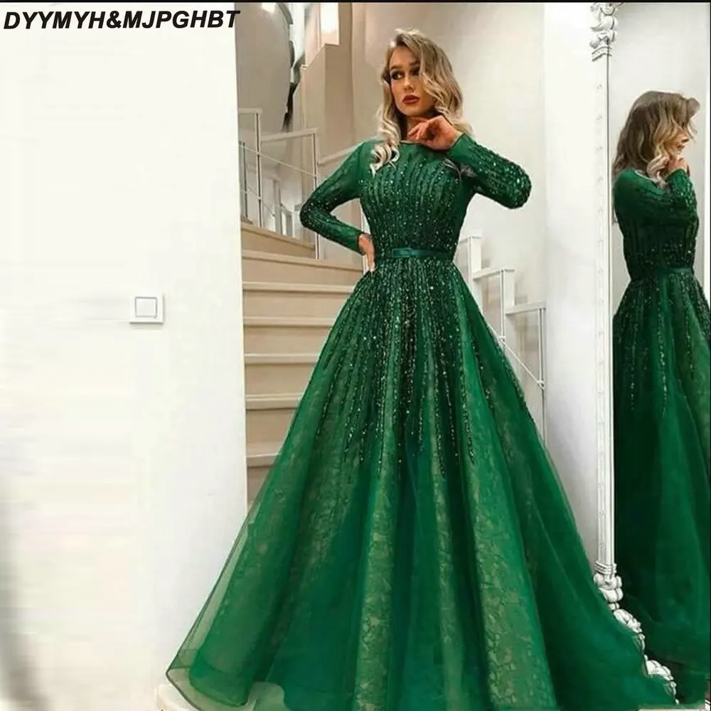 Зеленое с длинным рукавом вечернее платье кристаллами 2019 Abiye винтажное кружевное