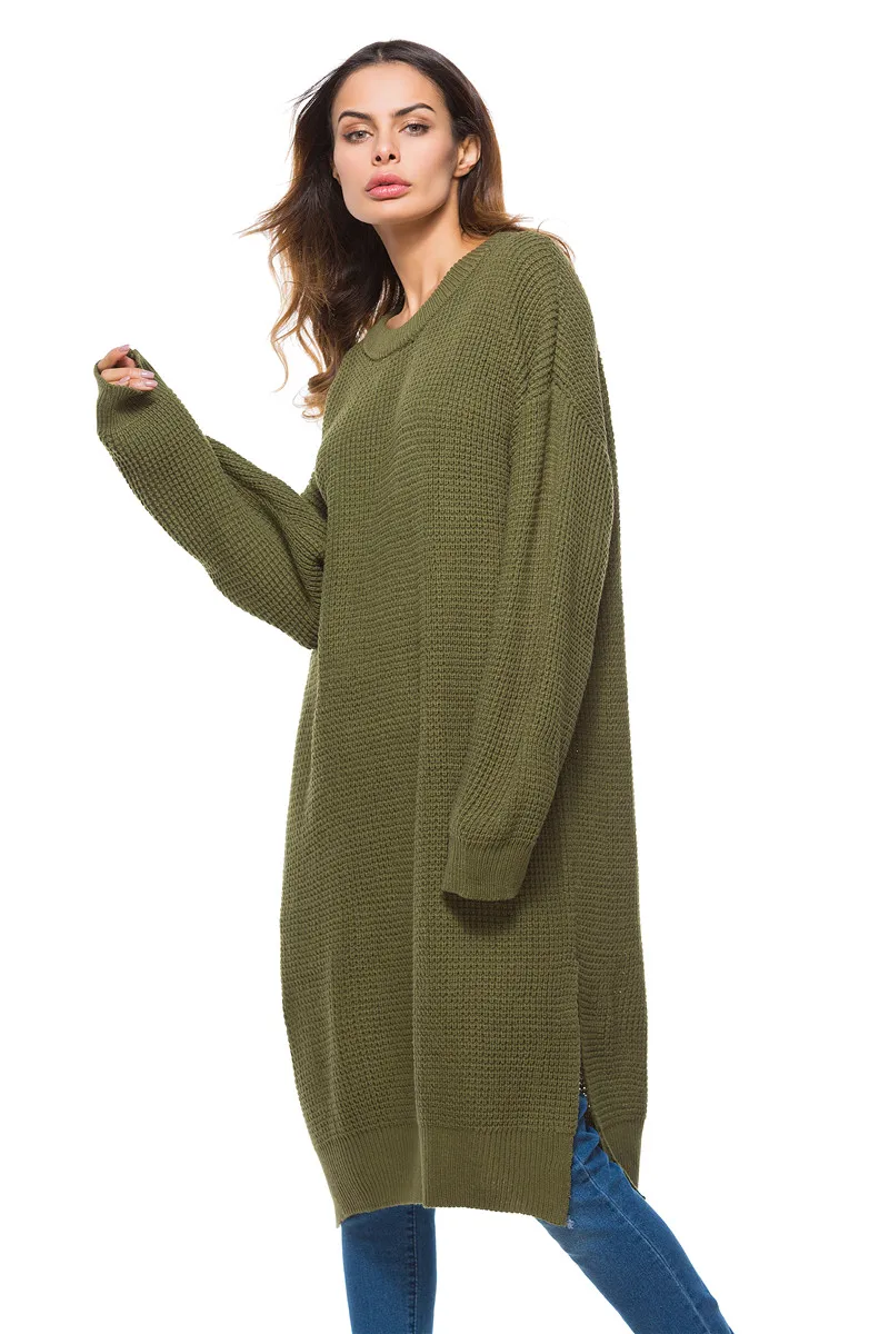 2018 spring new European and American large size women's knit dress loose long knit sweater women (12)