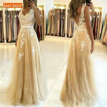 Elegant Tulle A Line V Neck Evening Dresses with Lace Appliques 2020 Gold Evening Gowns Long Customized Women Party Formal Dress
Elegant Tulle A Line V Neck Evening Dresses with Lace Appliques 2020 Gold Evening Gowns Long Customized Women Party Formal Dress