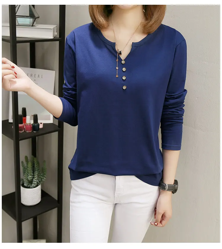 New Womens Tops Tees 2019 Autumn Large Size Tshirt Femme Casual V-neck Long Sleeve Cotton T-shirt Poleras Mujer Tshirts Female (11)