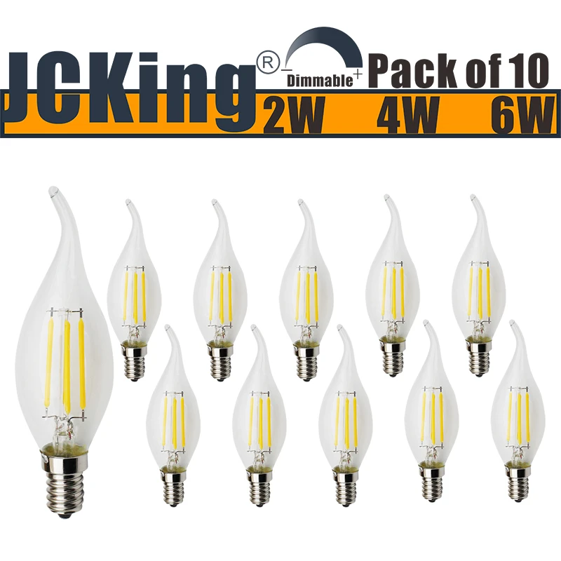 JCKing (Pack of 10) AC 220V 2W/4W/6W E14 Dimmable LED Filament Bulbs Candle tip LED Light Bulb, LED Vintage Antique Chandelier
JCKing (Pack of 10) AC 220V 2W/4W/6W E14 Dimmable LED Filament Bulbs Candle tip LED Light Bulb, LED Vintage Antique Chandelier