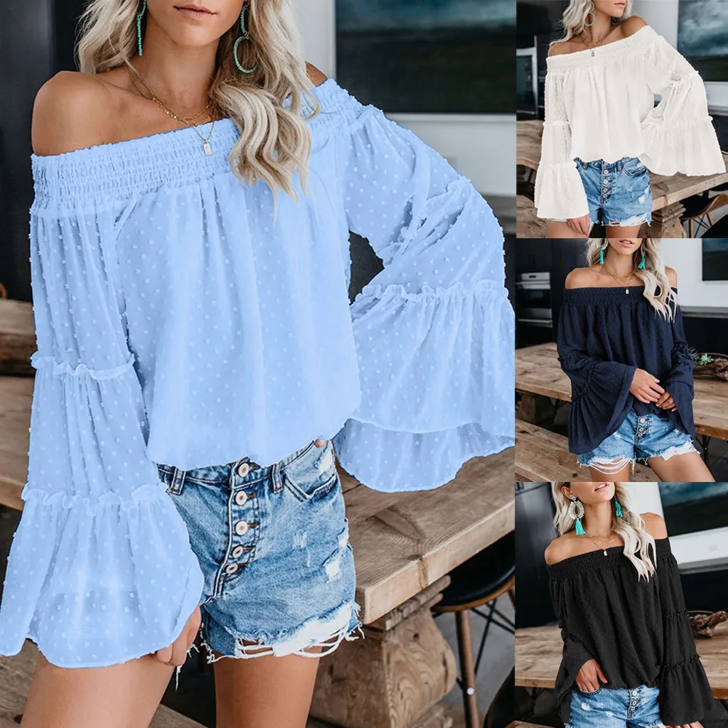 ISHOWTIENDA 2019 New Autumn Womens Off The Shoulder Tops Long Bell Sleeve Flared Casual Loose Blouses Shirts Dropshipping 15
ISHOWTIENDA 2019 New Autumn Womens Off The Shoulder Tops Long Bell Sleeve Flared Casual Loose Blouses Shirts Dropshipping 15