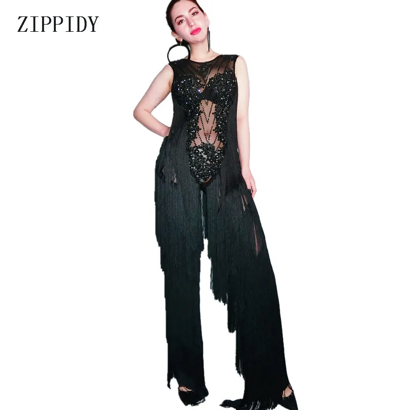 New Black Rhinestones Fringes Rompers Sexy Mesh Perspective Jumpsuit Outfit Women Singer Dancer Fashion Stage Tassel Leggings
New Black Rhinestones Fringes Rompers Sexy Mesh Perspective Jumpsuit Outfit Women Singer Dancer Fashion Stage Tassel Leggings
