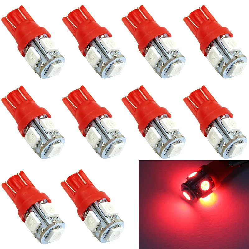 JX-LCLYL 10pcs T10 194 168 W5W 5050 5LED Car Wedge Width Tail Light Lamp Bulb Red