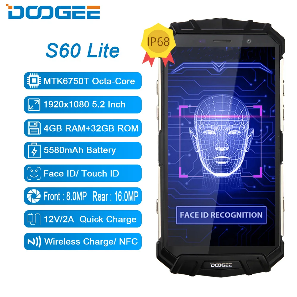 

DOOGEE S60 lite IP68 MT6750T Octa-Core Smartphone Waterpoof 5.2" FHD 4GB+32GB 16MP Wireless charger 5580mAh Mobile phone
