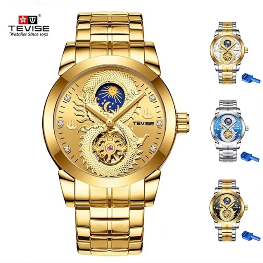 Brand TEVISE Dragon Mechanical Watch Men Skeleton Watches Waterproof Moon Phase Automatic Self-Wind Mens Wristwatch With Tool
Brand TEVISE Dragon Mechanical Watch Men Skeleton Watches Waterproof Moon Phase Automatic Self-Wind Mens Wristwatch With Tool