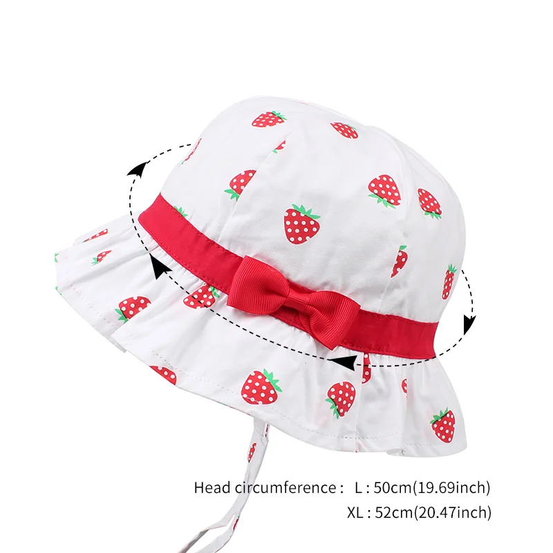 Bow Girls Panama Hat Stawberry Print Cute Hat For Girls Cotton Sweet Summer Sun Cap Wide Brim Bucket Cap Baby Girls Clothing (1)