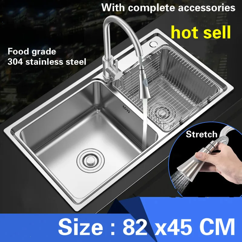 

Free shipping Food grade 304 stainless steel hot sell kitchen sink fashion ordinary double trough 0.8 mm thick durable 82x45 CM