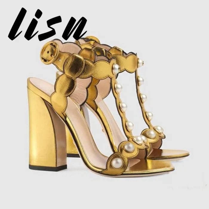 LISN New Black Gold Genuine Leather Pearl Summer Sandals Open Toe Buckle Strap Chunky Heel High Heel Pumps Sandals Shoes Women
LISN New Black Gold Genuine Leather Pearl Summer Sandals Open Toe Buckle Strap Chunky Heel High Heel Pumps Sandals Shoes Women