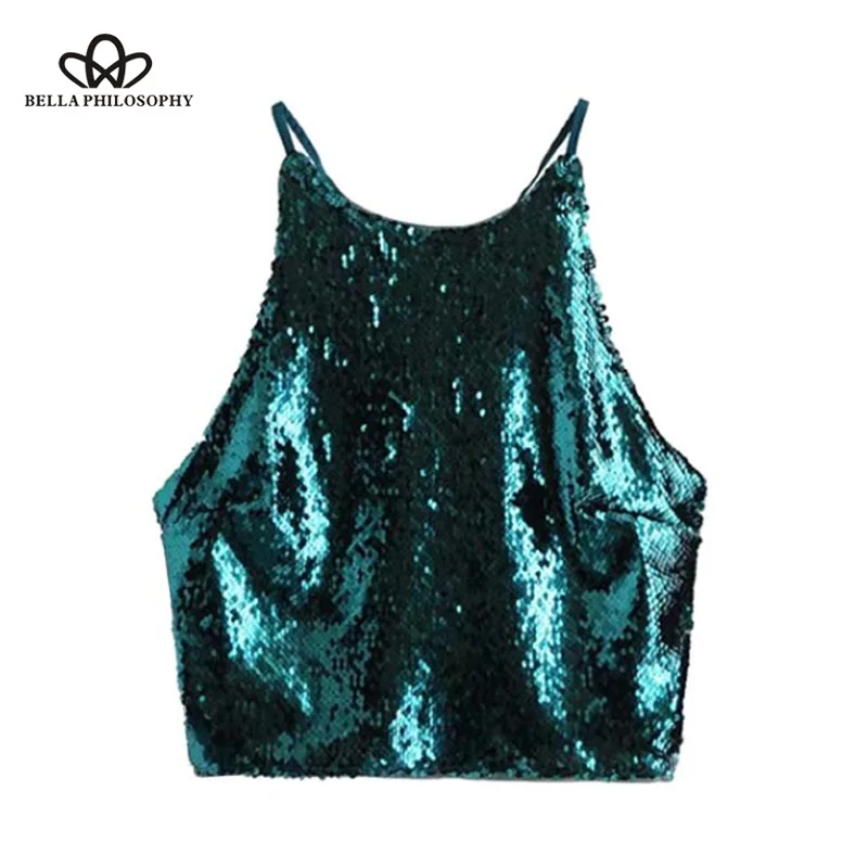 Wonder 2019 new Spring women sequined crop tops short camis straps sleeveless backless shirts female casual solid blouse