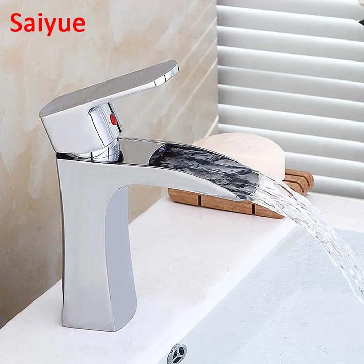 

Deck Mounted Single Handle Waterfall Bathroom Vanity Sink Faucet with wide mouth Spout, Chrome Nickel Brushed color tap Mixer