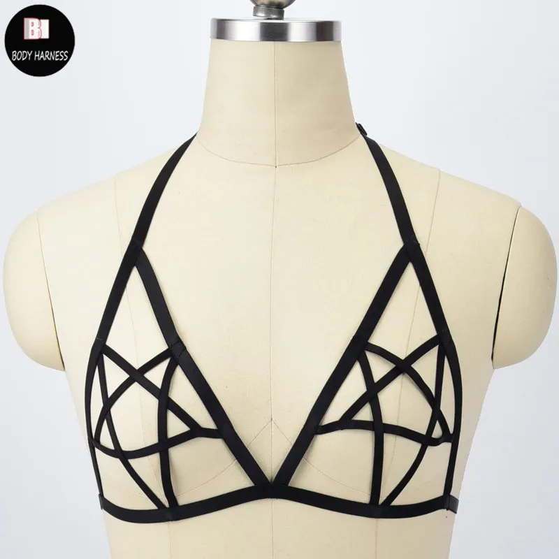 

Harajuku Goth Crop Top Pentagram Harness Bra Rave Bondage Body Cage Sexy Lingerie Fetish Wear Body Harness Cage Cupless Bra