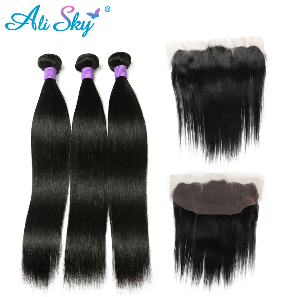 

3 Bundles Brazilian Straight Hair with Pre Plucked Lace Frontal 13X4 Ear to Ear Free Part With Baby Hair Ali Sky Non Remy