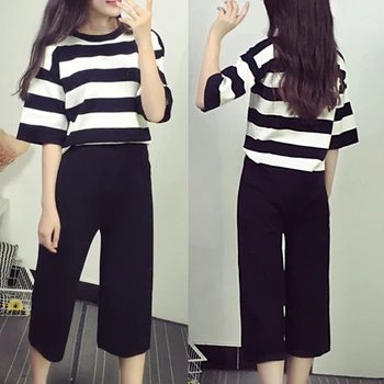 2 Piece Set Women Short Sleeves Stripe Short Crop Top& Elastic Waist Wide Legs Pants Summer Ladies Female Suit
2 Piece Set Women Short Sleeves Stripe Short Crop Top& Elastic Waist Wide Legs Pants Summer Ladies Female Suit