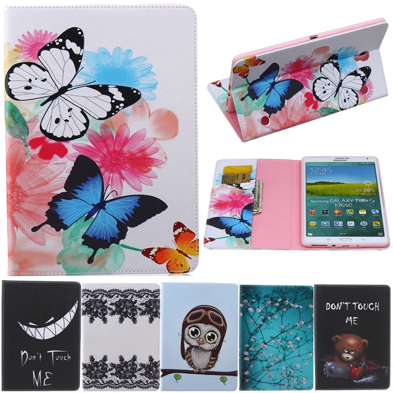 

Butterfly Owl Bear Cartoon PU Leather Flip Stand Cover Cases For Samsung Galaxy Tab S 8.4" T700 T705 Tablet Cover Case Fundas