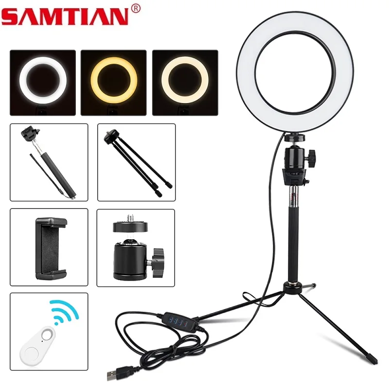 SAMTIAN LED Selfie Ring Light Photography Dimmable Photo Studio Light With Phone Holder USB Plug Selfie stick Tripod For Youtube
SAMTIAN LED Selfie Ring Light Photography Dimmable Photo Studio Light With Phone Holder USB Plug Selfie stick Tripod For Youtube