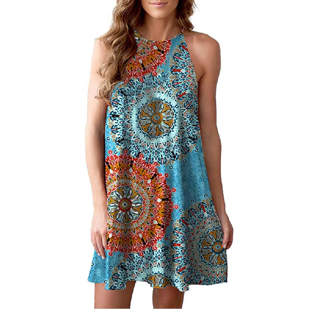 Women dress Sleeveless Halter Neck Boho Print Casual Mini Beachwear Dress Sundress robe femme sukienki damskie vestido de festa
Women dress Sleeveless Halter Neck Boho Print Casual Mini Beachwear Dress Sundress robe femme sukienki damskie vestido de festa