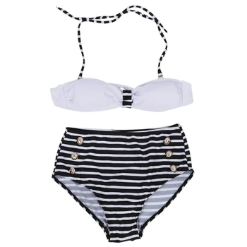 High Waisted Vintage Halterneck Cross Stripe Six Buttons Swimsuit For Women black White 
High Waisted Vintage Halterneck Cross Stripe Six Buttons Swimsuit For Women black White