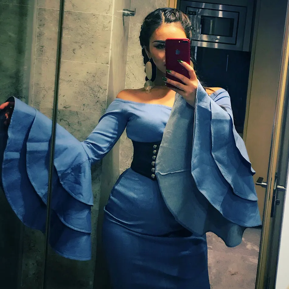 S Curve Bell Sleeves Bodycon Dress Women Quality Autumn Fashion Sweet Slash Neck Light Denim Off Shoulder Mini Party Dress
S Curve Bell Sleeves Bodycon Dress Women Quality Autumn Fashion Sweet Slash Neck Light Denim Off Shoulder Mini Party Dress