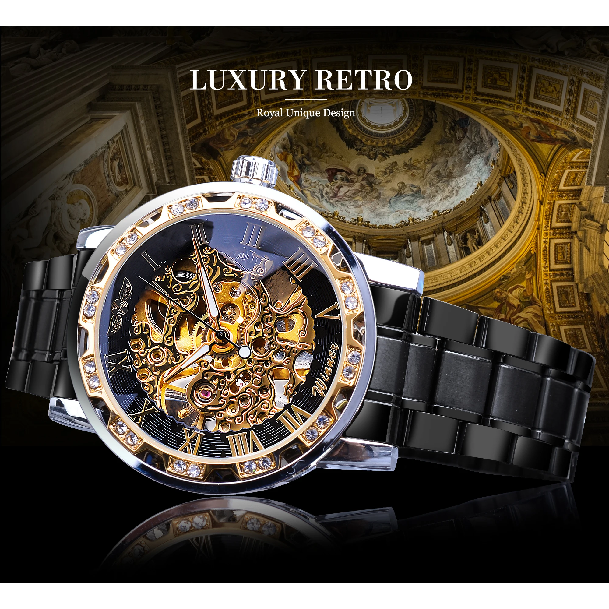 Мужские часы победителя роскошные со стразами римские черные ремешок из