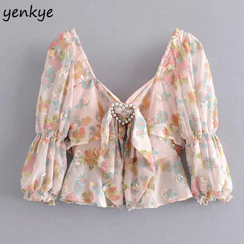 Chic Floral Print Sequin Crop Top Fashion Women Sexy Backless V Neck Three-Quarter Sleeve Romantic Summer Tops LJPZ6002 
Chic Floral Print Sequin Crop Top Fashion Women Sexy Backless V Neck Three-Quarter Sleeve Romantic Summer Tops LJPZ6002