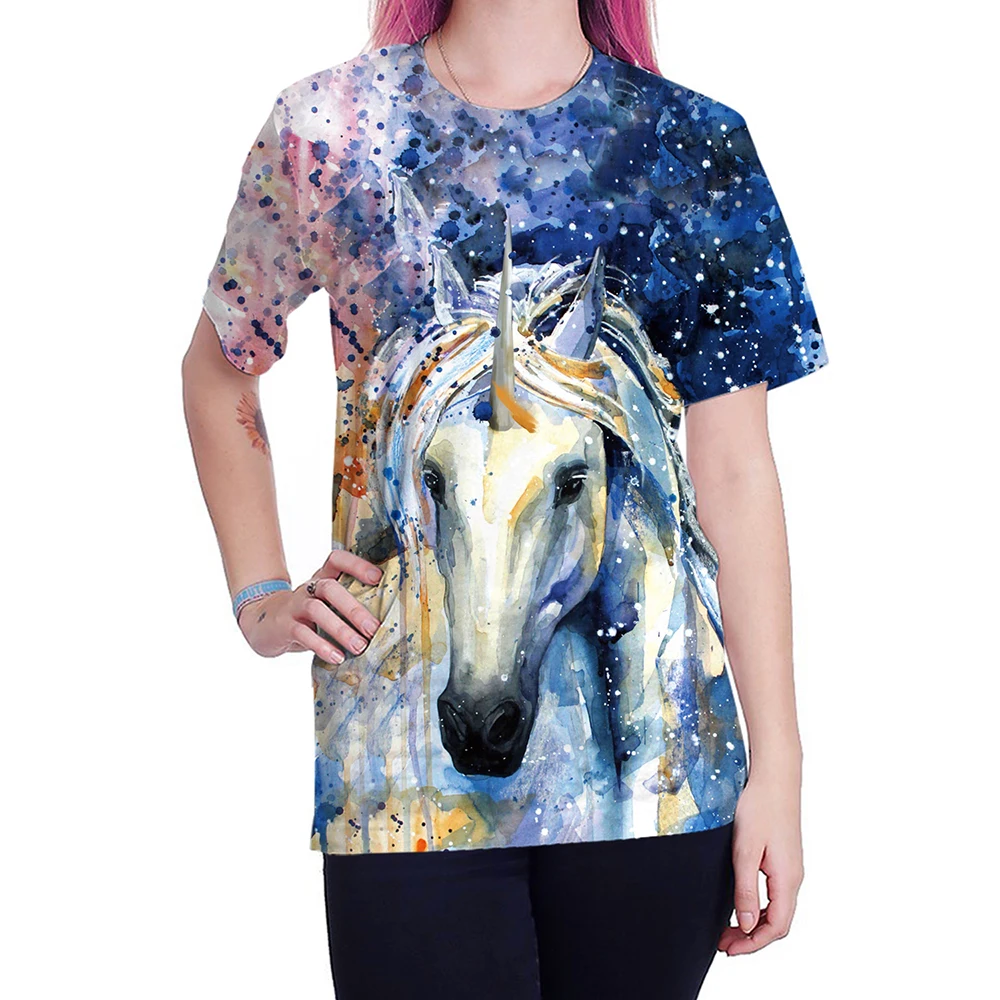 FCCEXIO 2018 New Summer T Shirt Women Animal Horse 3D Print Oil Color Tshirt Hiphop Lnk Splash T-Shirt Harajuku Crop Top 27