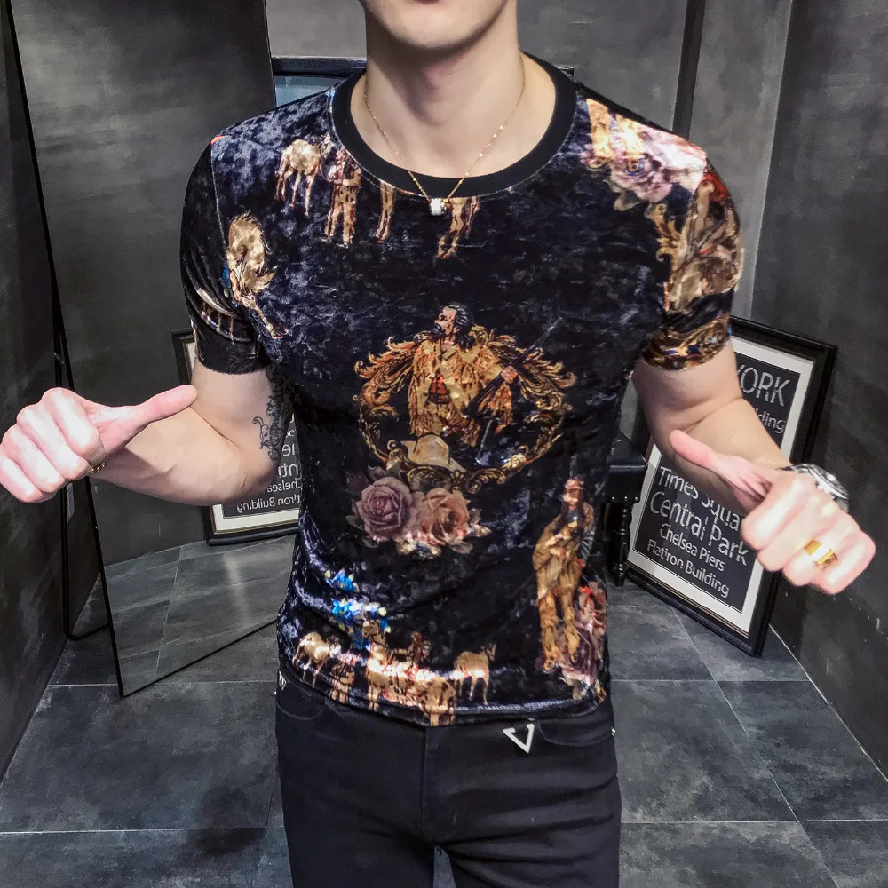 2019 summer Korean version of the new elastic short-sleeved Slim male printing net red gold velvet male T-shirt tide
2019 summer Korean version of the new elastic short-sleeved Slim male printing net red gold velvet male T-shirt tide