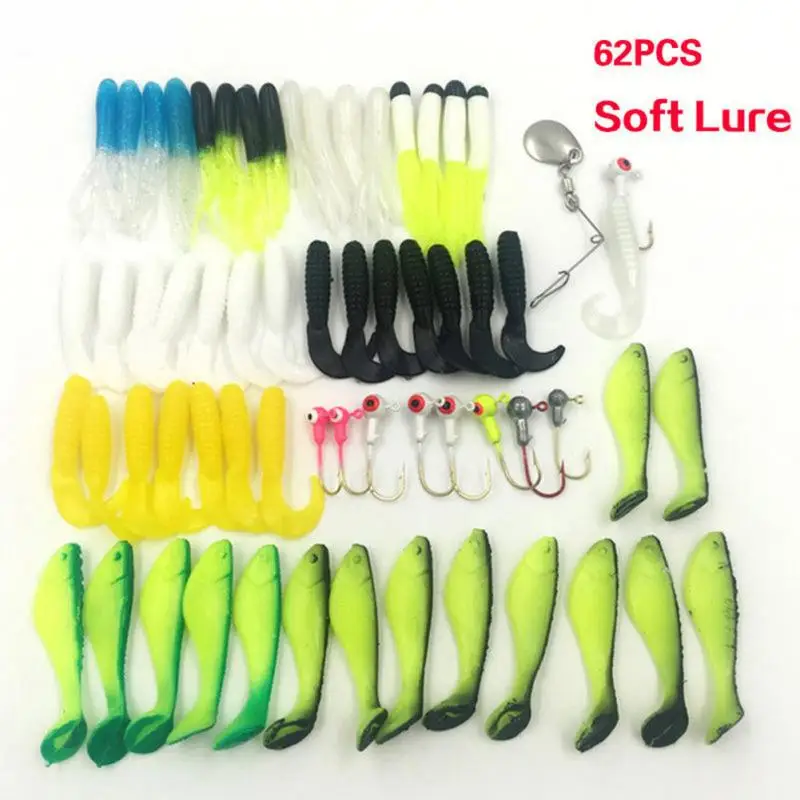 62pcs/set Fishing Lure Lead head Jig Head Hooks Grub Worm Soft Baits Shads Silicone fishing tackle Set
62pcs/set Fishing Lure Lead head Jig Head Hooks Grub Worm Soft Baits Shads Silicone fishing tackle Set