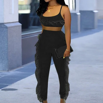 Strap Tassel Women Pants Sets Solid Black Sleeveless Crop Top Stringy Selvedge Bottom Plus Size Club Sexy Outfits Casual Suits 
Strap Tassel Women Pants Sets Solid Black Sleeveless Crop Top Stringy Selvedge Bottom Plus Size Club Sexy Outfits Casual Suits