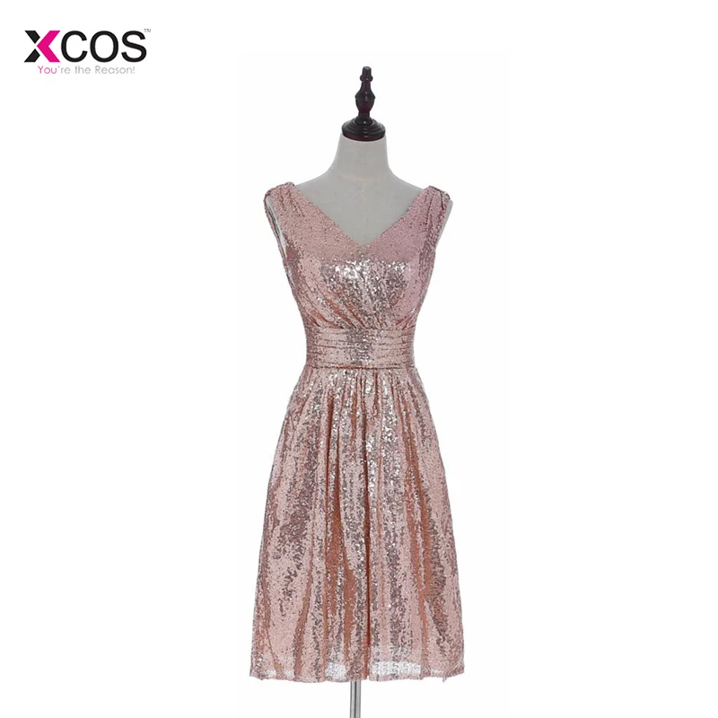 Rose Gold Sequined Short Bridesmaid Dresses 2018 V Neck Knee Length Wedding Party Dresses Prom Gown
Rose Gold Sequined Short Bridesmaid Dresses 2018 V Neck Knee Length Wedding Party Dresses Prom Gown