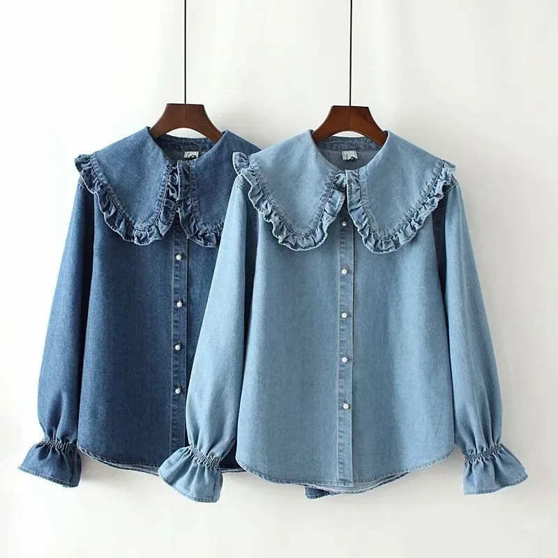 2019 mori girl spring peter pan collar flare sleeve solid loose denim shirt top women
2019 mori girl spring peter pan collar flare sleeve solid loose denim shirt top women
