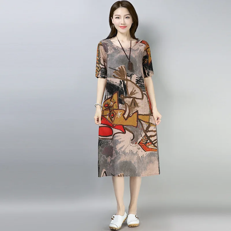 Summer Dress Literary Printed Cotton and Linen Loose Round Neck Short-sleeved Dress Chinese Style A-line Long Women Dress
Summer Dress Literary Printed Cotton and Linen Loose Round Neck Short-sleeved Dress Chinese Style A-line Long Women Dress