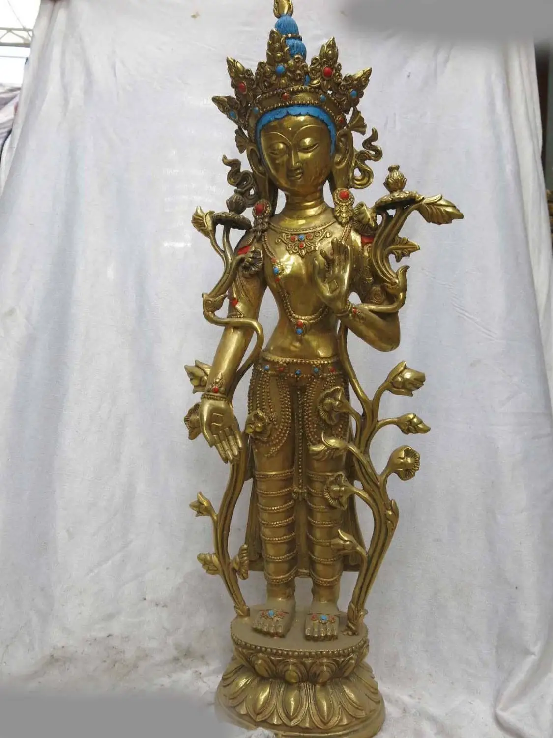 29' China Tibet bronze gold Buddhism lotus flower hand Tara Sculpture Statue