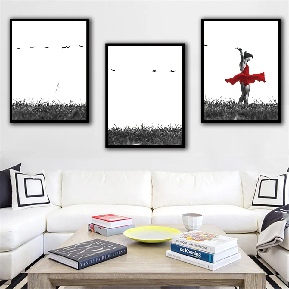Wall Art Летящие птицы фотографии холст красная юбка Живопись с изображением танца