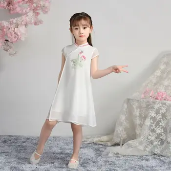 

High Quality Chinese Traditional Girls Embroider Flower Cheong-sam Summer Casual Dresses Children Perform Qipao Party Dress