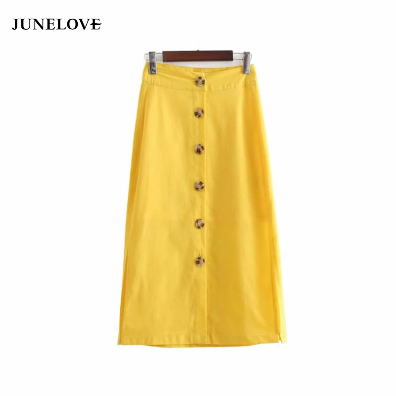 JuneLove женская элегантная желтая льняная юбка до середины икры на пуговицах с
