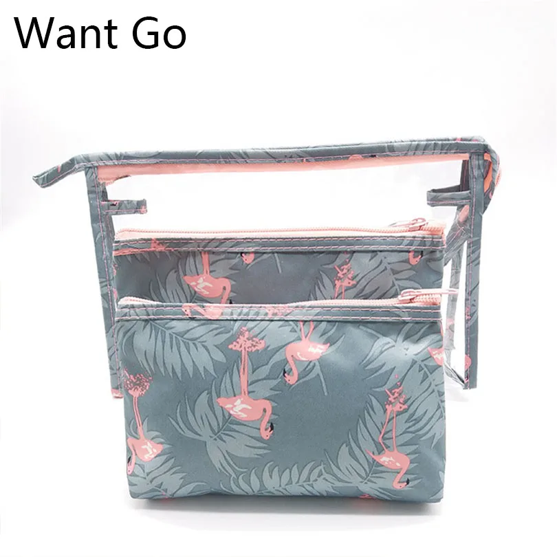 

Want Go New Arrive Flamingo Cosmetic Bag Set 3 Women Necessaire Make Up Bag Travel Waterproof Portable Makeup Bag Toiletry Kits