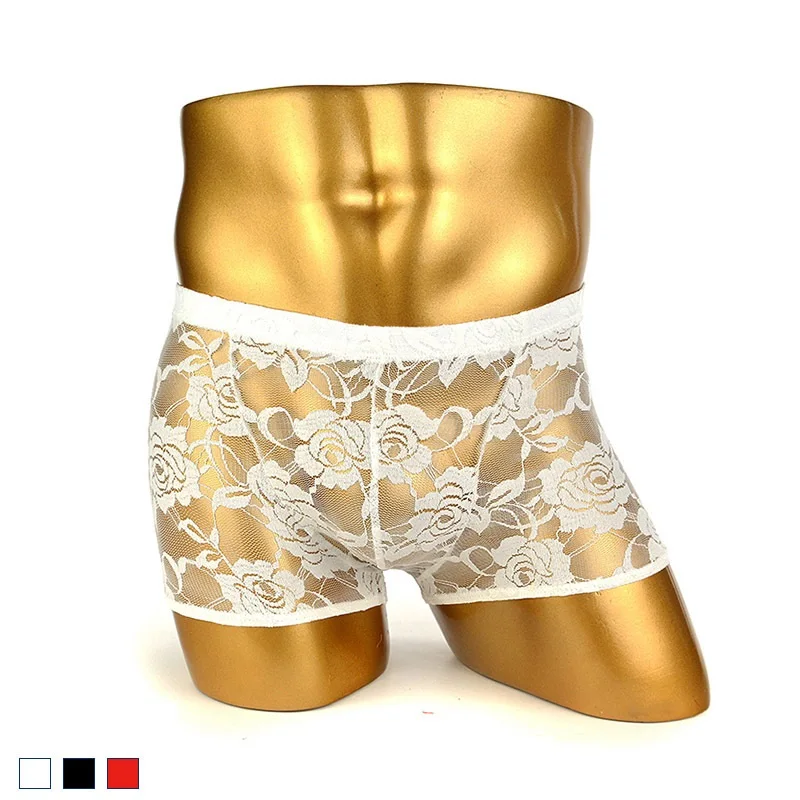 

Sexy See Through Sheer Floral Lace Men Boxer Brief Shorts Underwear Sissy Crossdressing Underpants Lingerie for Him 3 Colors