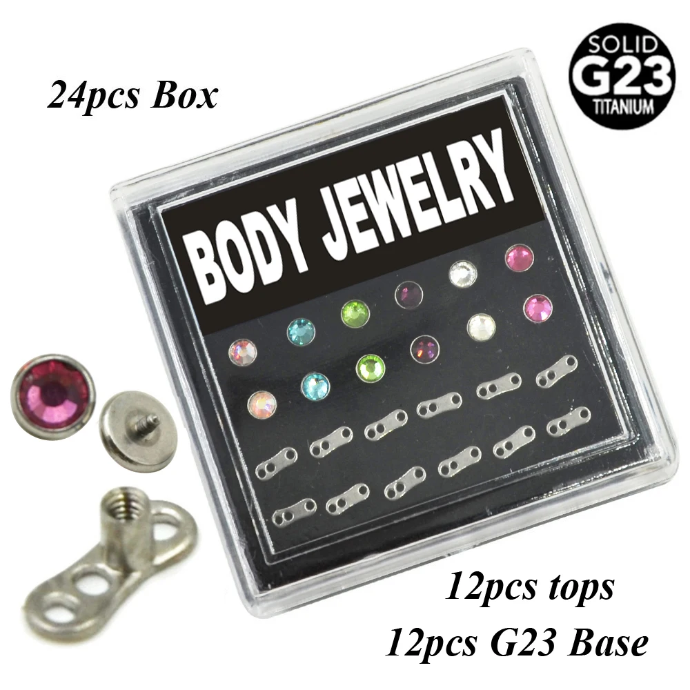 24piece G23 Titanium Flat CZ Crystal Dermal Anchor Piercing Body Jewelry Box Set Internally Threaded with Steel Tops
24piece G23 Titanium Flat CZ Crystal Dermal Anchor Piercing Body Jewelry Box Set Internally Threaded with Steel Tops