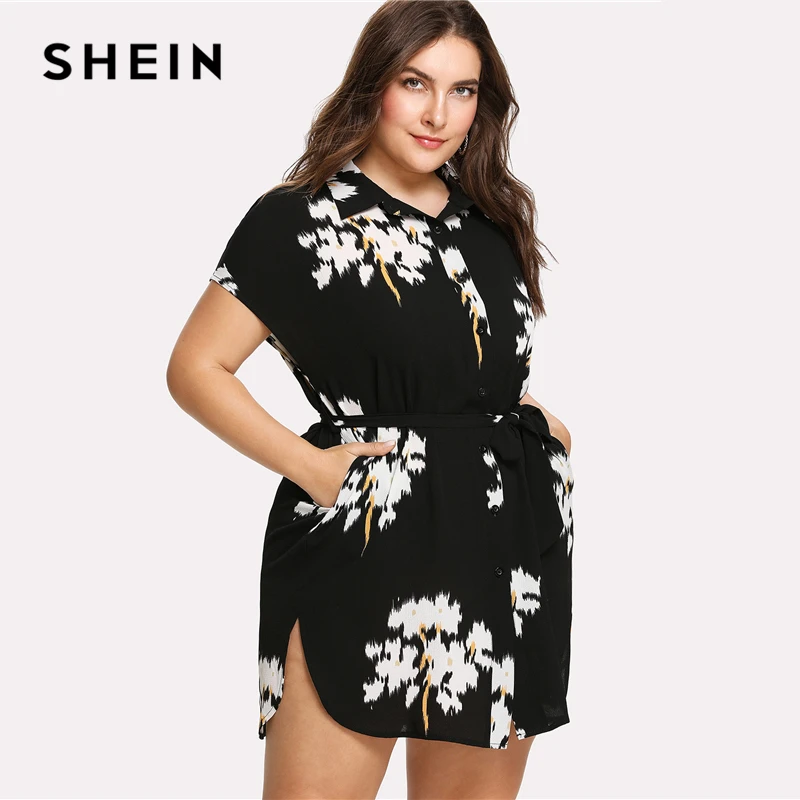 

SHEIN Dolphin Hem Belted Shirt Dress Batwing Short Sleeve Collar Neck Floral Dress Women Plus Size Black Print Straight Dress