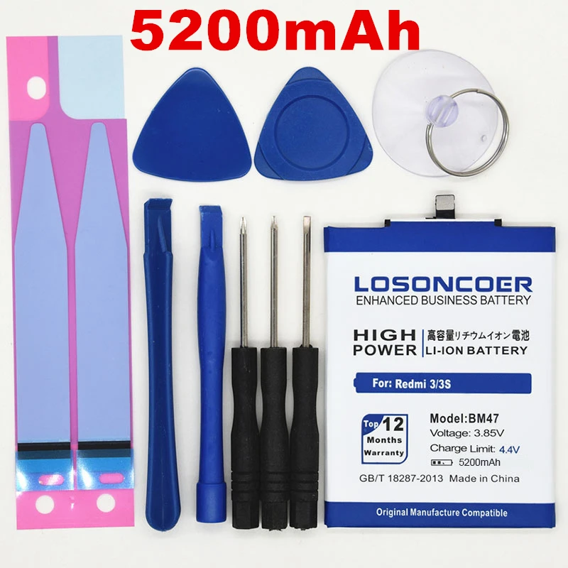 100% Original LOSONCOER 5200mAh BM47 Battery Gift tools For Xiaomi Redmi 4X Battery 3S 3 Prime Pro Red Rice Hongmi Redmi 3X
100% Original LOSONCOER 5200mAh BM47 Battery Gift tools For Xiaomi Redmi 4X Battery 3S 3 Prime Pro Red Rice Hongmi Redmi 3X