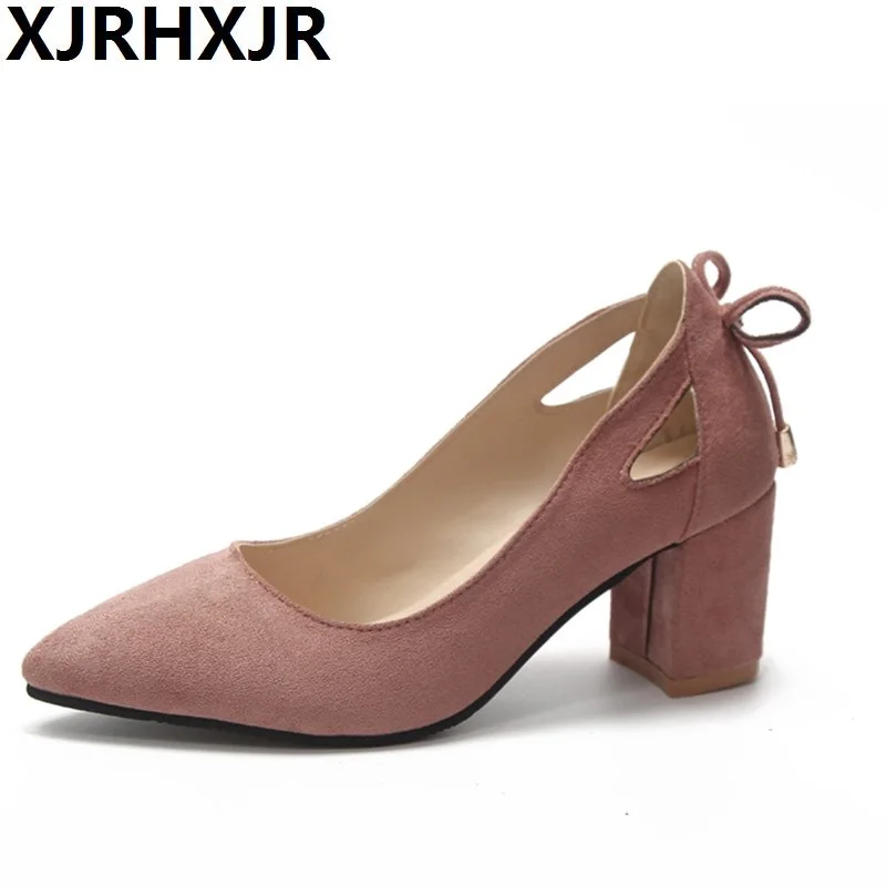 Europe and the United States pointed thick with high heels suede shallow mouth black work shoes trend fashion women's shoes