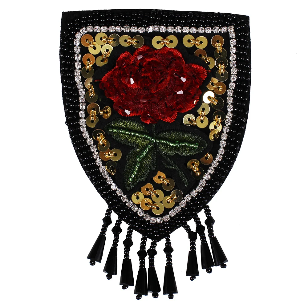 

10piece Beaded Crystal Rose Badge Sequin Beading Fringe Tassel Shoulder Patches Applique DIY Emblem Clothes Decorated TH629